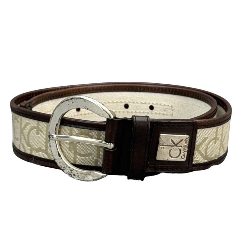 Calvin Klein Vintage 90s Brown Leather Trim Logo Silver Buckle 2" Wide Belt L